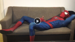 Horny spiderman jerks off and cums massive load
